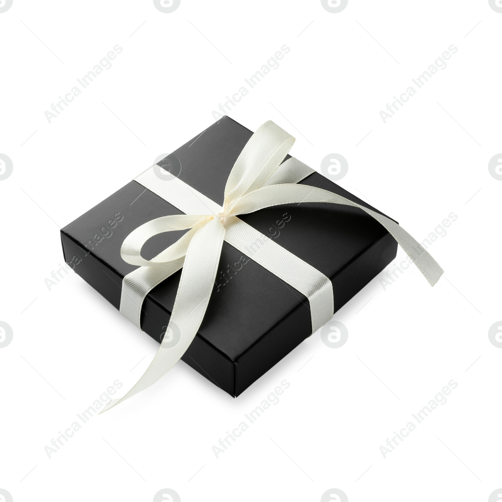 Photo of Beautiful black gift box with bow isolated on white