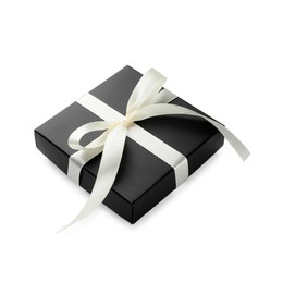 Photo of Beautiful black gift box with bow isolated on white