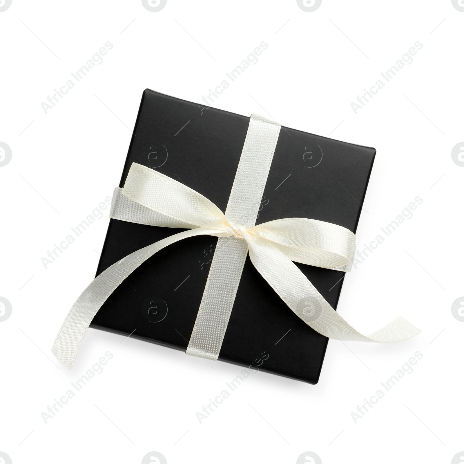 Photo of Beautiful black gift box with bow isolated on white