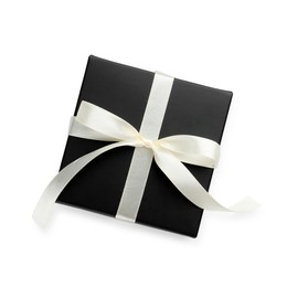 Photo of Beautiful black gift box with bow isolated on white