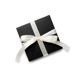 Beautiful black gift box with bow isolated on white