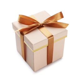 Photo of Gift box with golden bow isolated on white