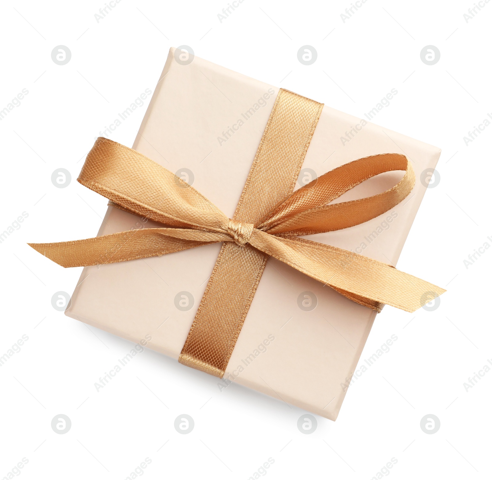 Photo of Gift box with golden bow isolated on white, top view