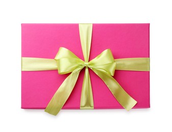 Photo of Beautiful pink gift box with bow isolated on white