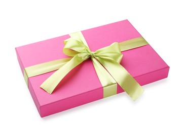 Photo of Beautiful pink gift box with bow isolated on white