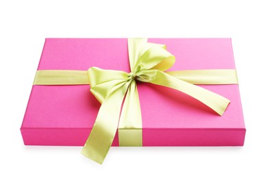 Photo of Beautiful pink gift box with bow isolated on white