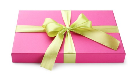 Photo of Beautiful pink gift box with bow isolated on white