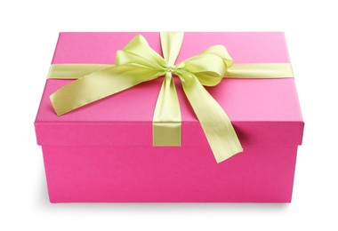 Photo of Beautiful pink gift box with bow isolated on white