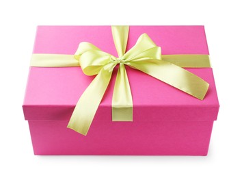 Photo of Beautiful pink gift box with bow isolated on white