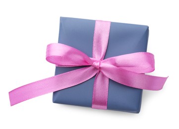 Photo of Beautiful gift box with pink bow isolated on white, top view