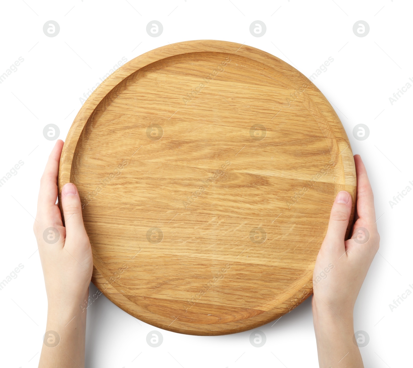 Photo of Woman holding wooden plate on white background, top view