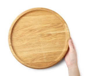 Photo of Woman holding wooden plate on white background, top view