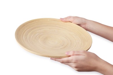 Woman holding wooden plate on white background, closeup