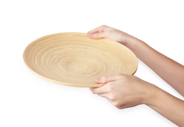 Photo of Woman holding wooden plate on white background, closeup