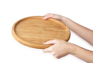 Photo of Woman holding wooden plate on white background, closeup