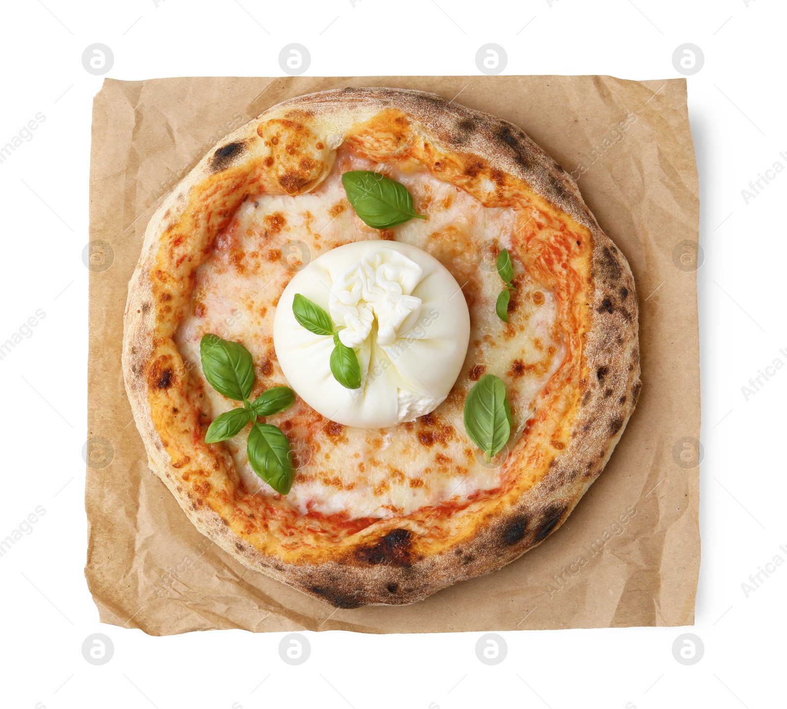 Photo of Delicious pizza with burrata cheese and basil isolated on white, top view