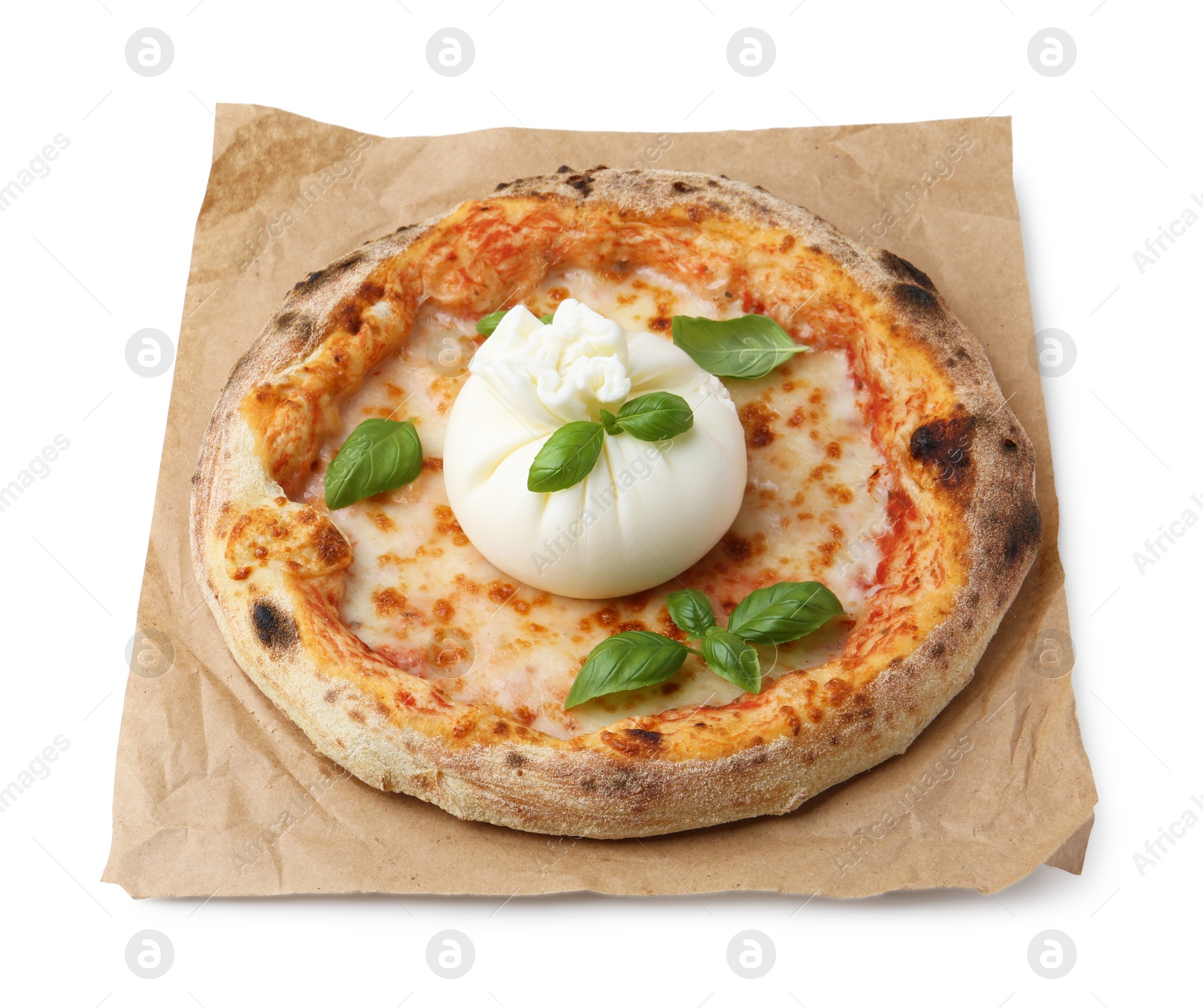 Photo of Delicious pizza with burrata cheese and basil isolated on white