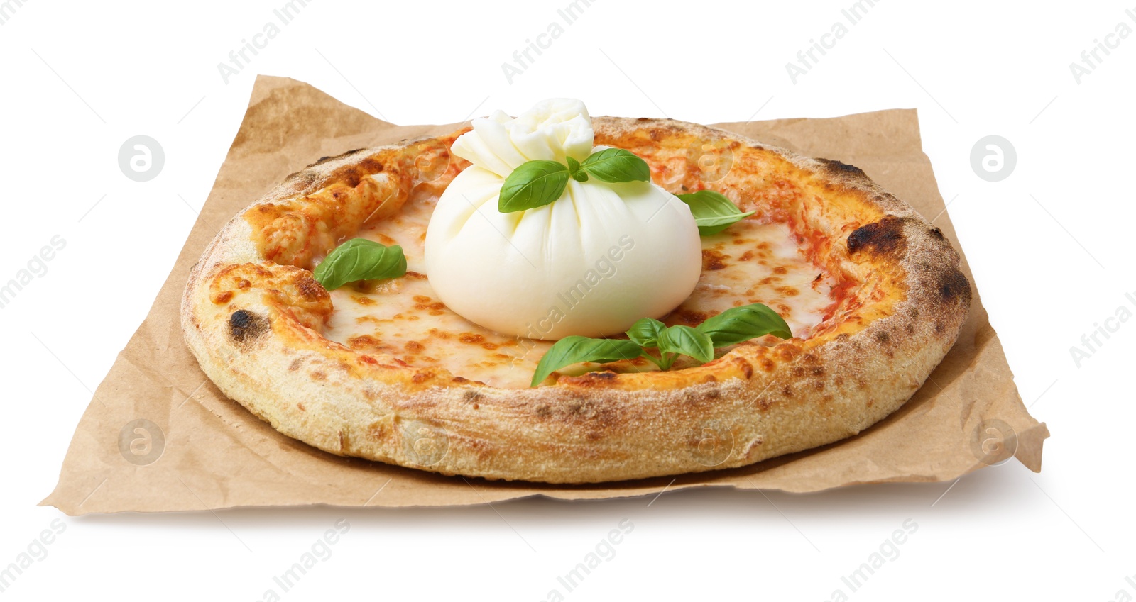 Photo of Delicious pizza with burrata cheese and basil isolated on white