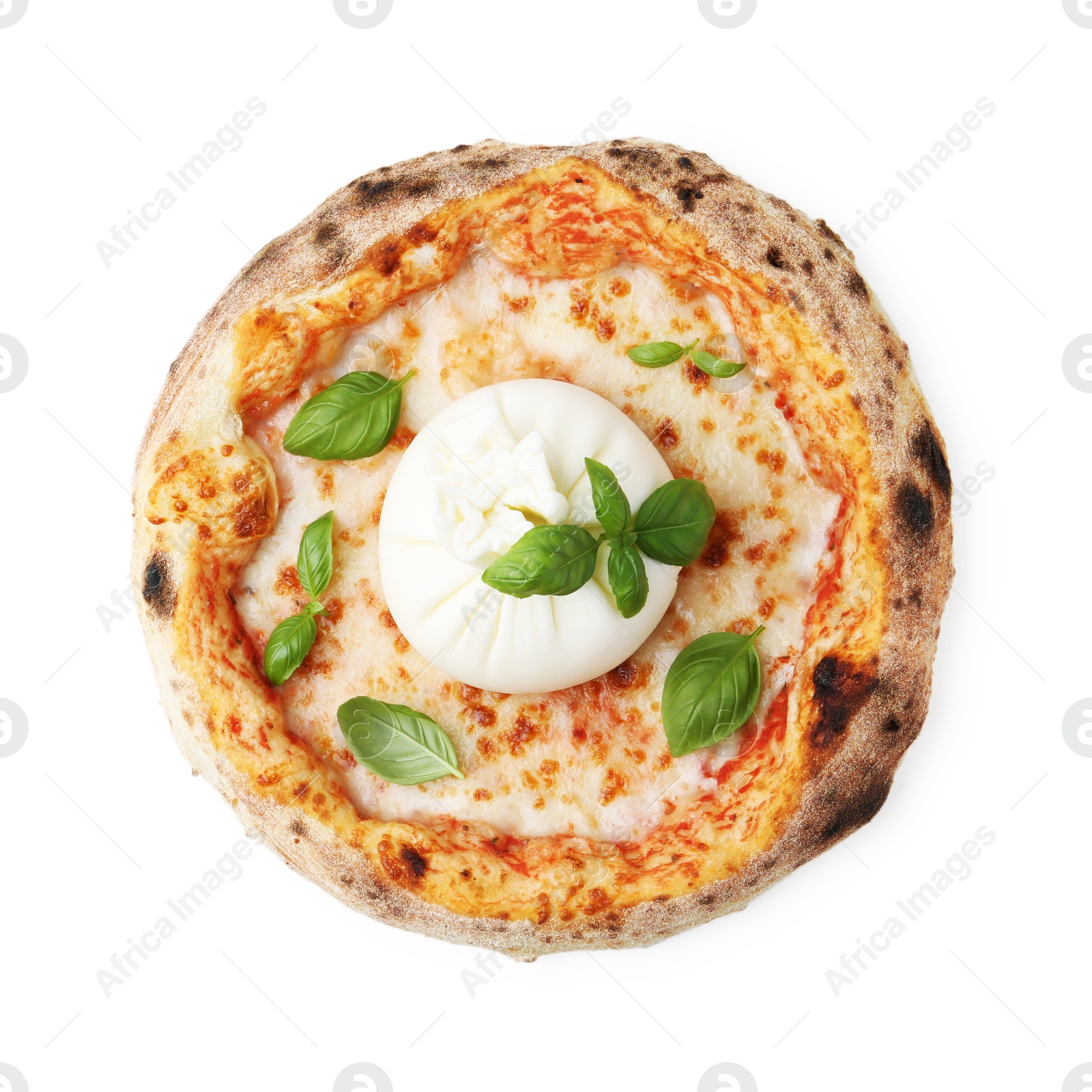 Photo of Delicious pizza with burrata cheese and basil isolated on white, top view