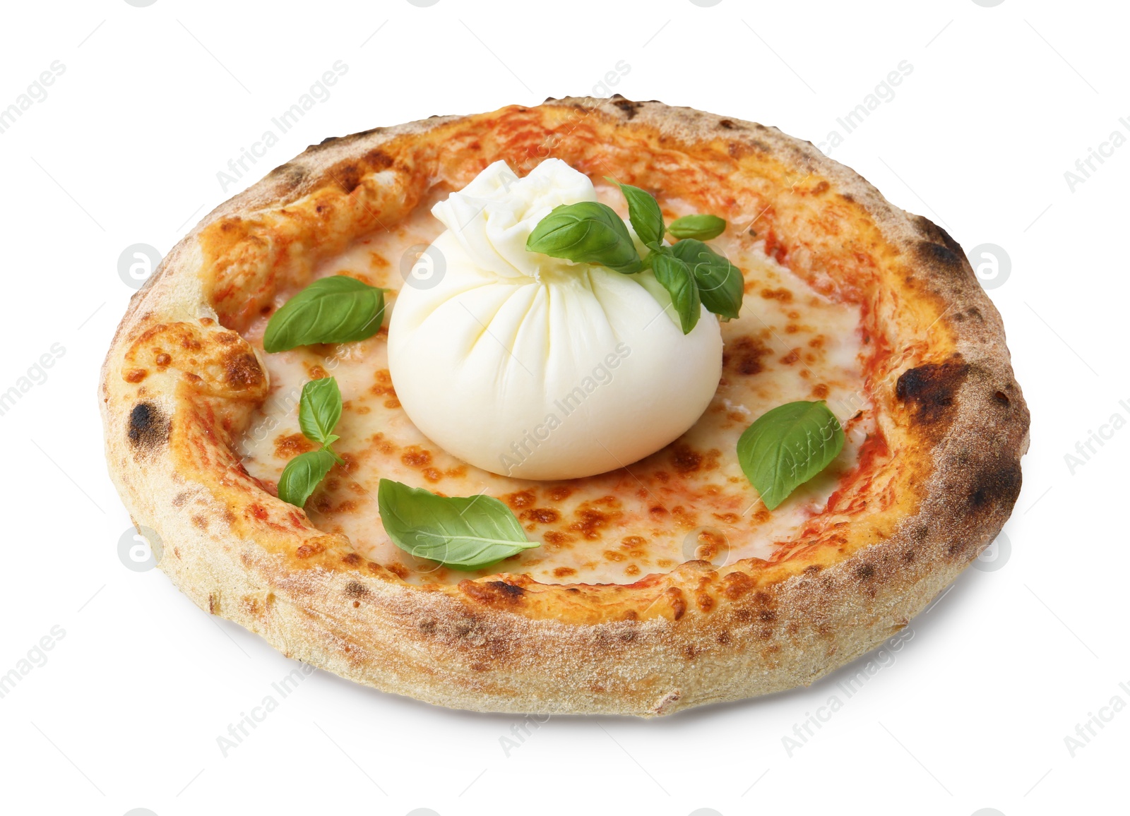 Photo of Delicious pizza with burrata cheese and basil isolated on white