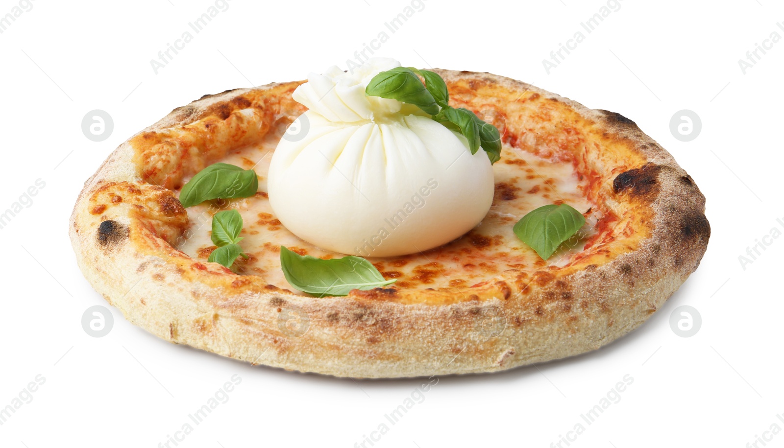 Photo of Delicious pizza with burrata cheese and basil isolated on white