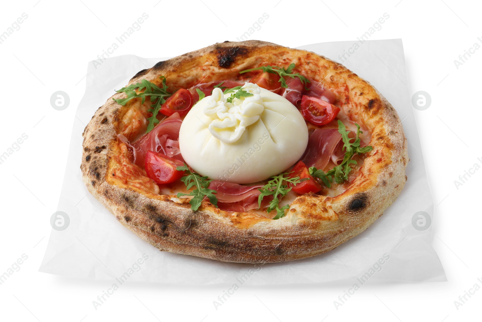 Photo of Delicious pizza with burrata cheese, arugula, tomato and ham isolated on white