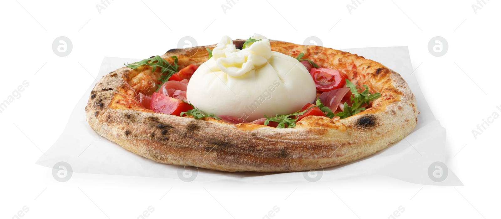 Photo of Delicious pizza with burrata cheese, arugula, tomato and ham isolated on white