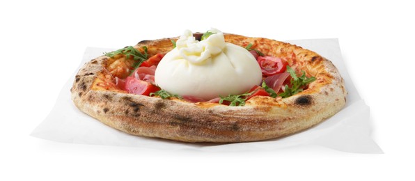 Delicious pizza with burrata cheese, arugula, tomato and ham isolated on white