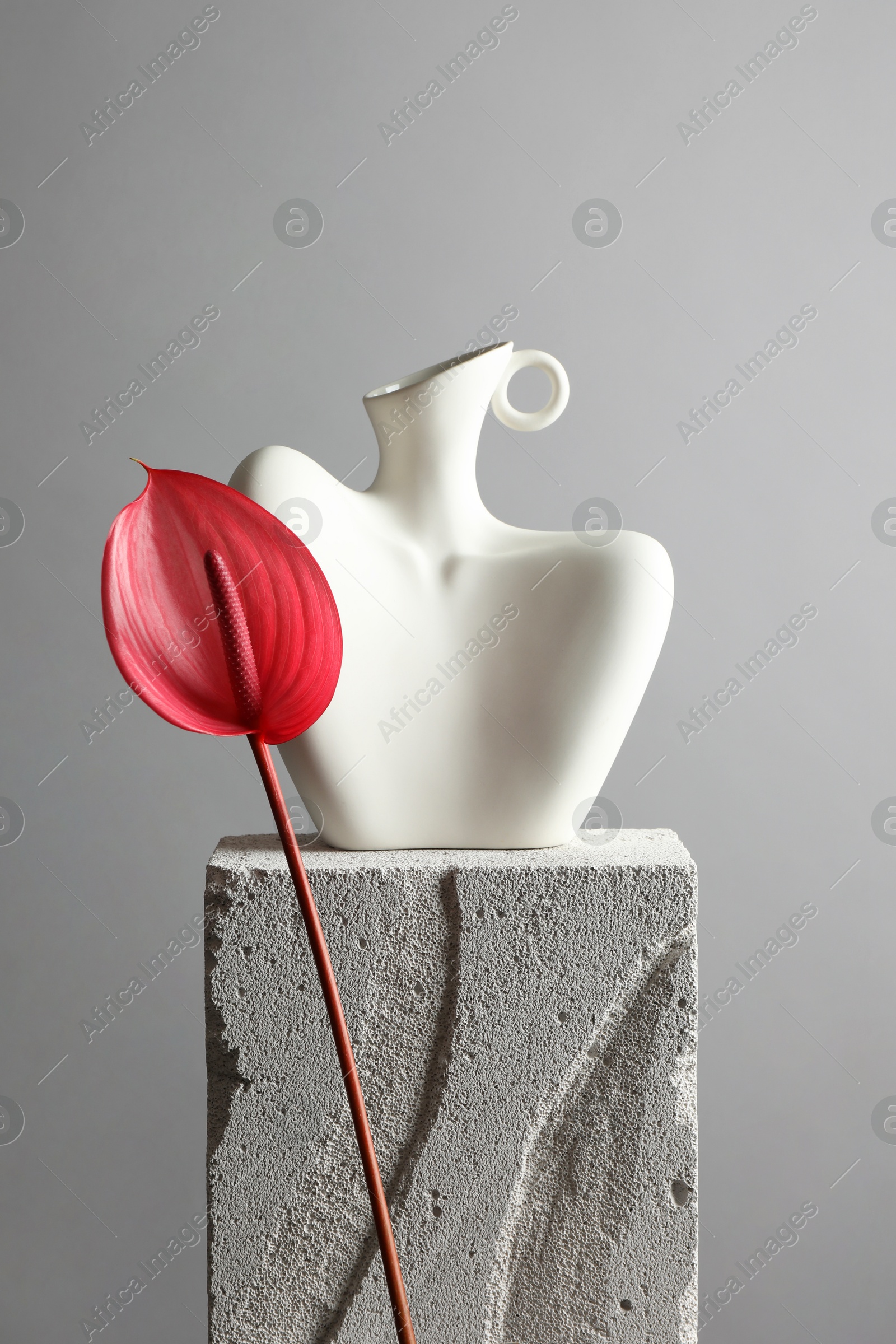 Photo of Stylish vase and tail flower on concrete block against light grey background