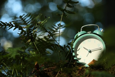 Photo of Alarm clock on green moss outdoors, closeup. Space for text