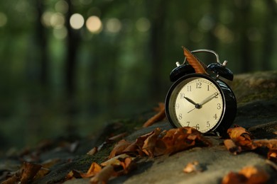 Photo of Alarm clock on fallen dry leaves and stones outdoors, closeup. Space for text