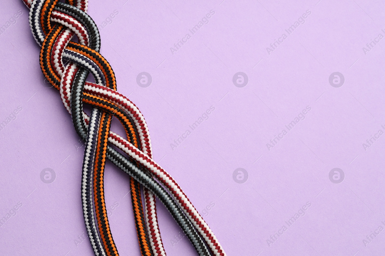 Photo of Braided colorful ropes on lilac background, top view with space for text. Unity concept