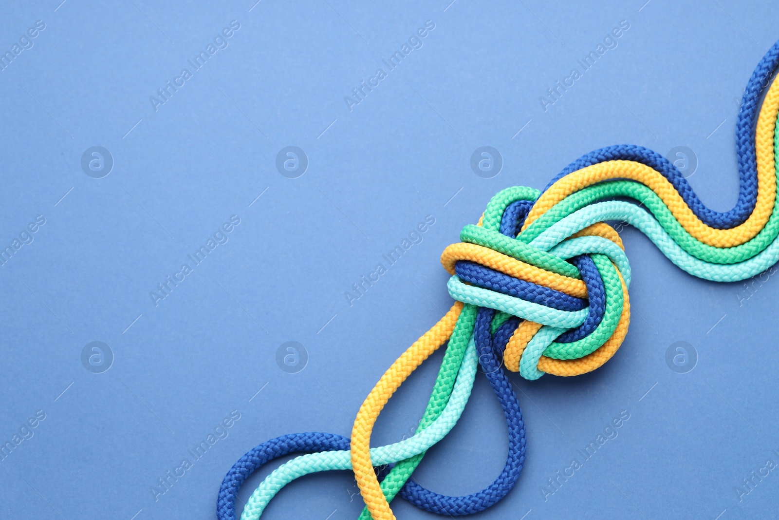 Photo of Colorful ropes tied in knot on blue background, top view with space for text. Unity concept