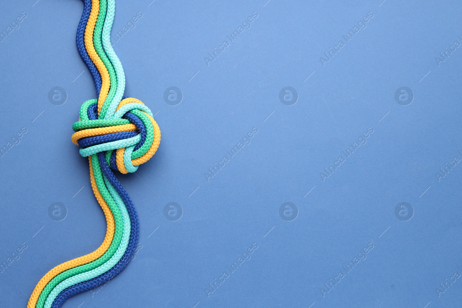 Photo of Colorful ropes tied in knot on blue background, top view with space for text. Unity concept