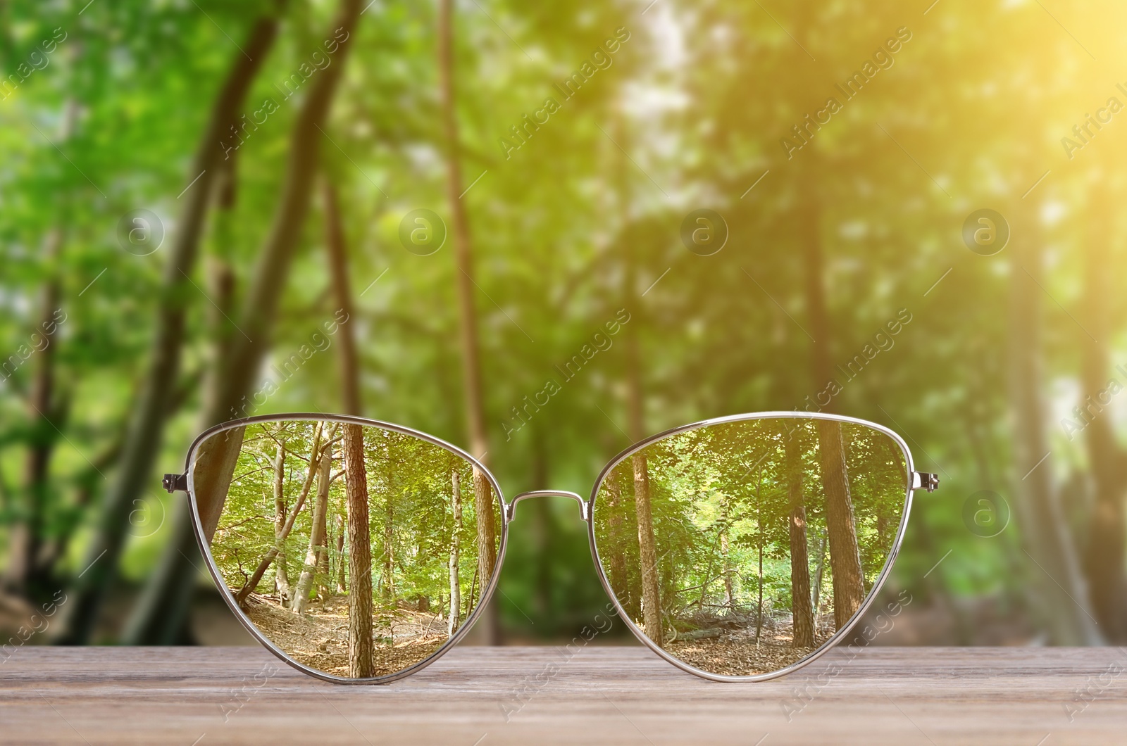 Image of Glasses against beautiful forest. View through lenses more clear. Vision correction