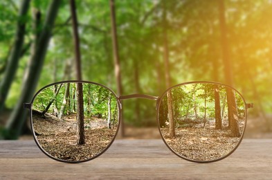 Image of Glasses against beautiful forest. View through lenses more clear. Vision correction