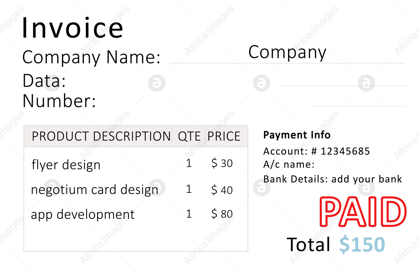 Illustration of Bill with information and red stamp Paid