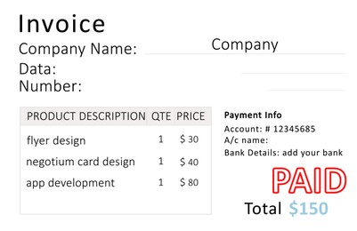 Illustration of Bill with information and red stamp Paid