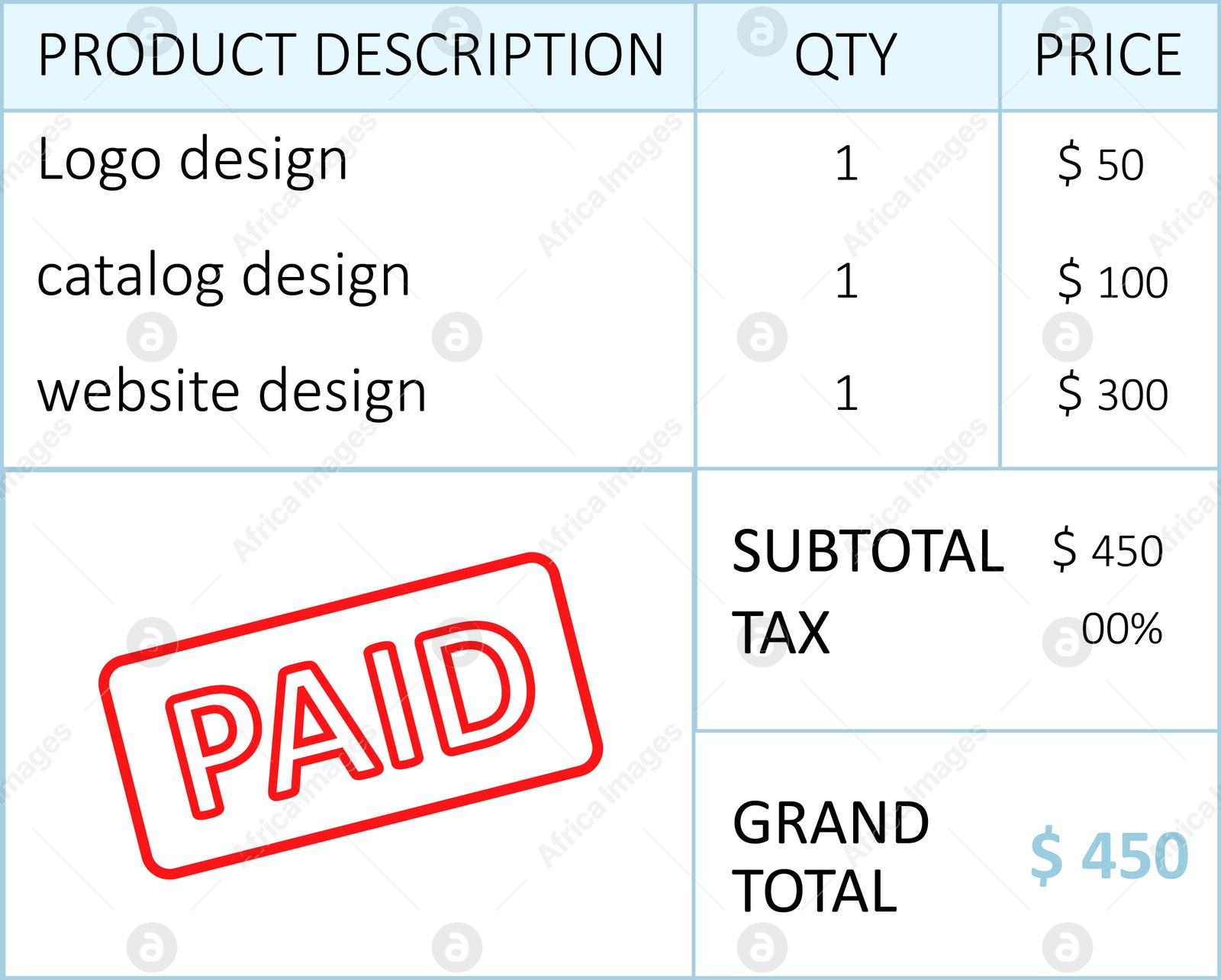 Illustration of Bill with information and red stamp Paid