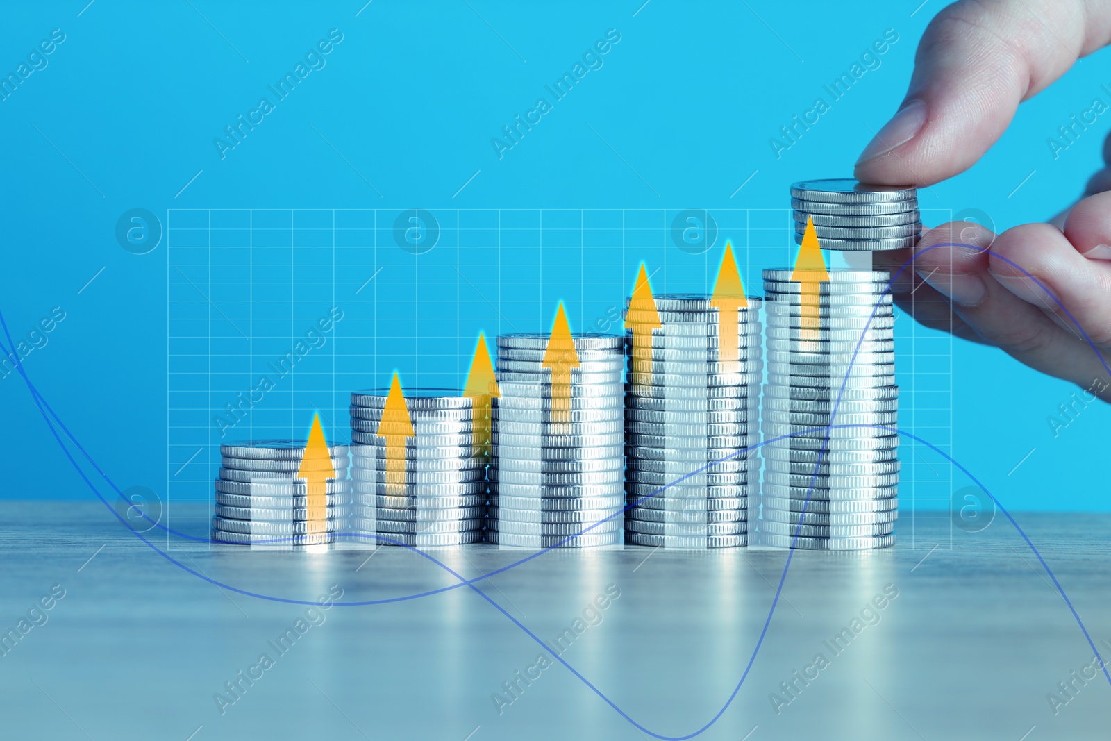 Image of Investment. Woman stacking coins on light blue background, closeup. Arrows and graph