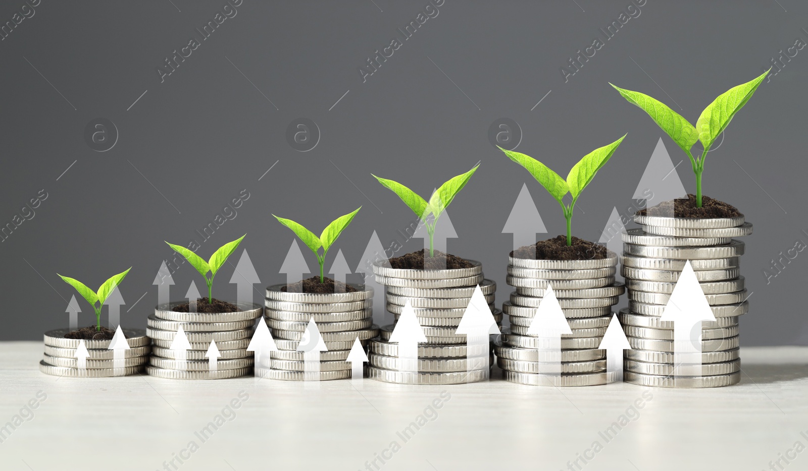 Image of Investment. Stacked coins with seedlings on tops and arrows against grey background, banner design