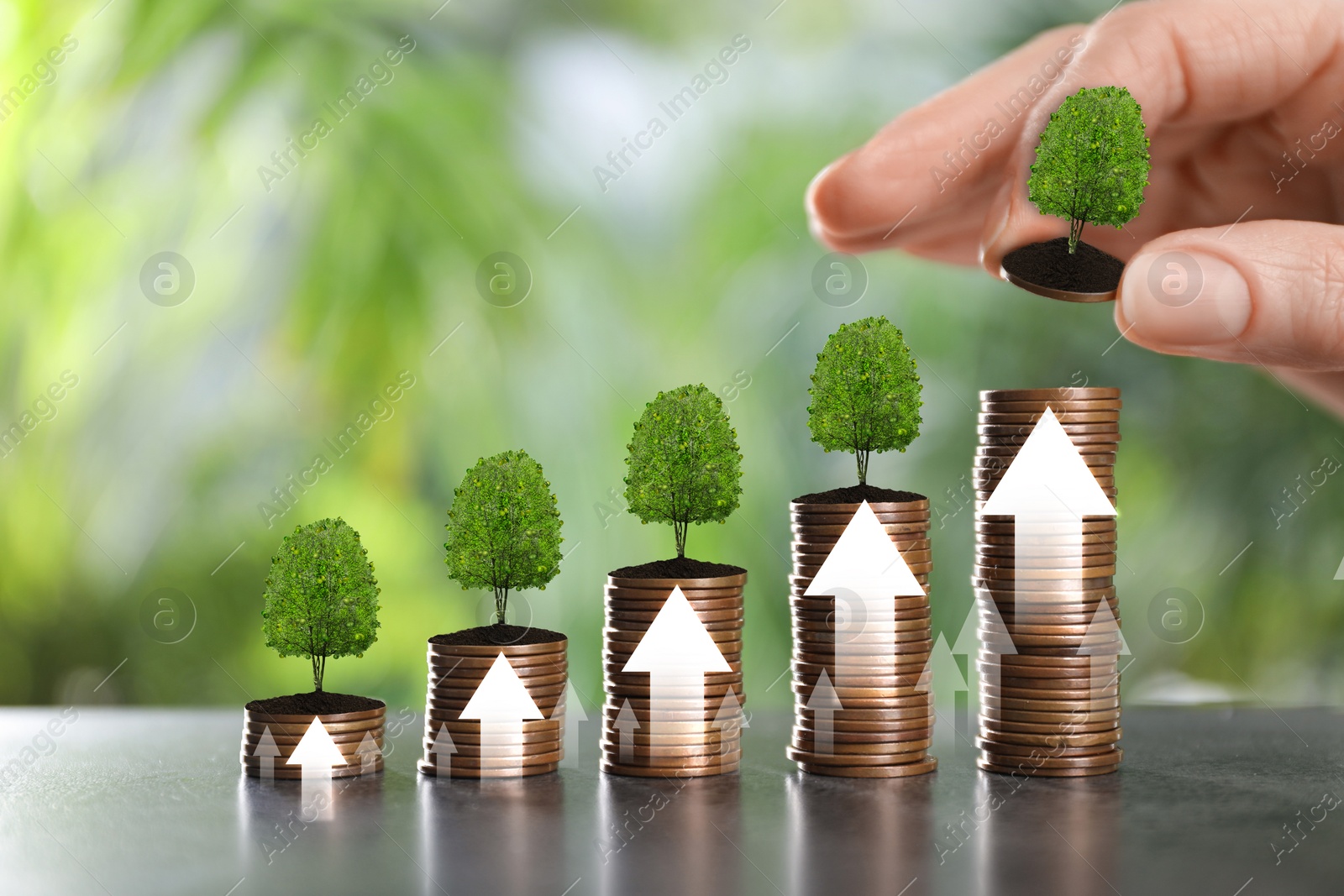 Image of Investment. Woman stacking coins on blurred background, closeup. Small trees on tops of coins, arrows on stacks