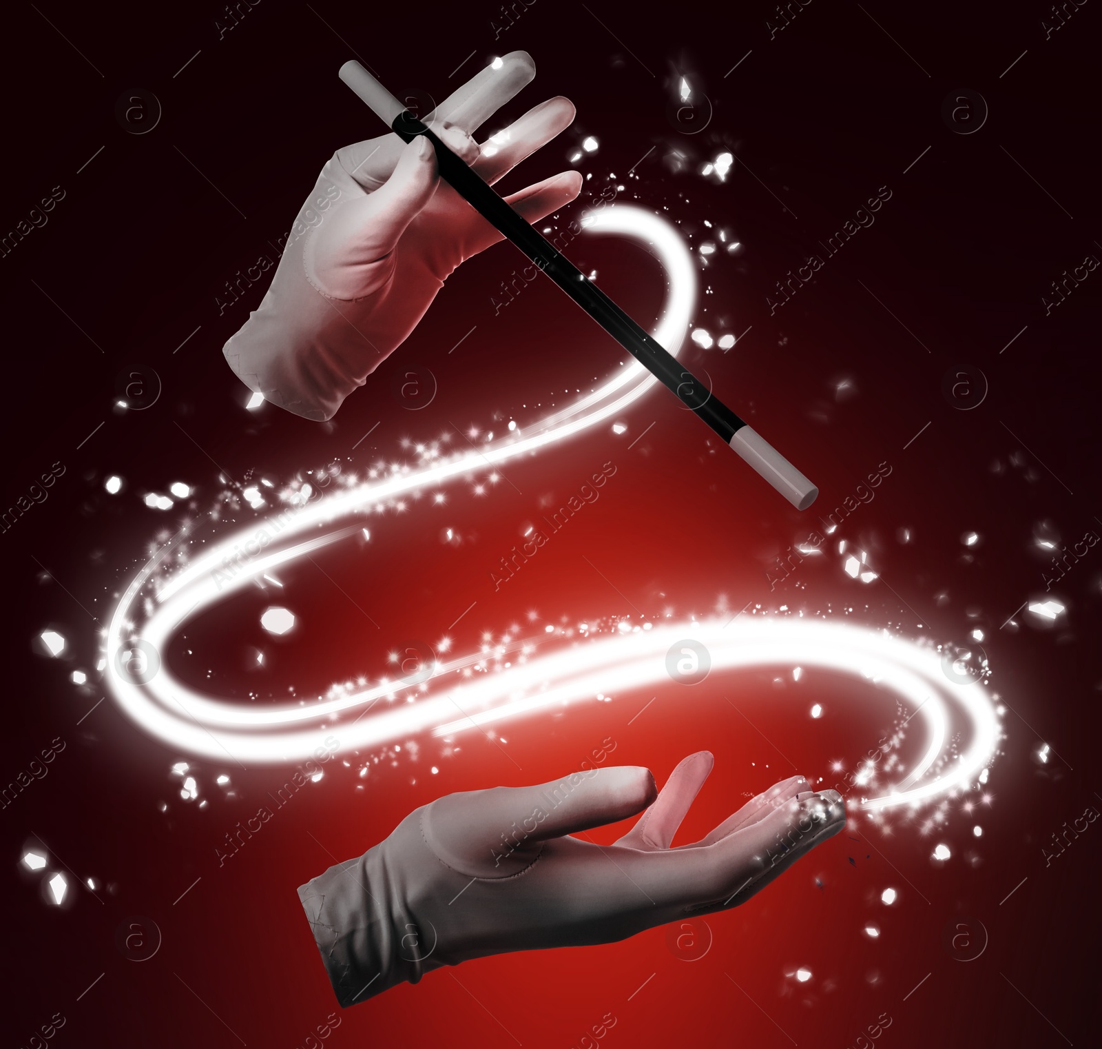 Image of Magician showing trick with magic wand on color background