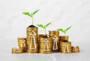 Image of Investment. Stacked coins with seedlings on tops and arrows against white background