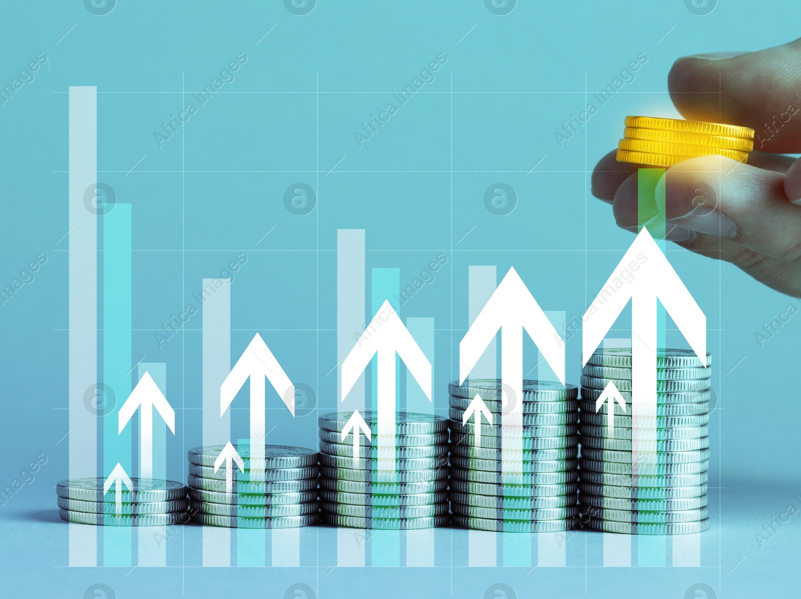 Image of Investment. Woman stacking coins on light blue background, closeup. Arrows and graph