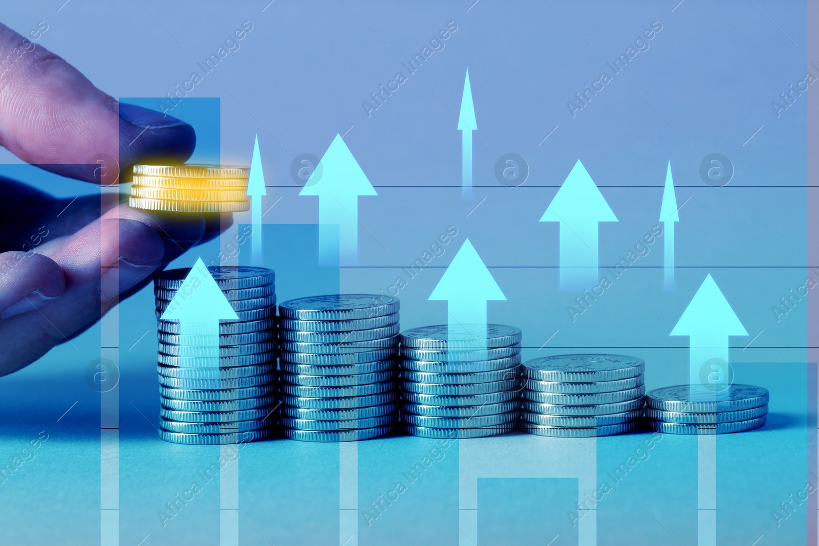 Image of Investment. Woman stacking coins on color background, closeup. Arrows and graph