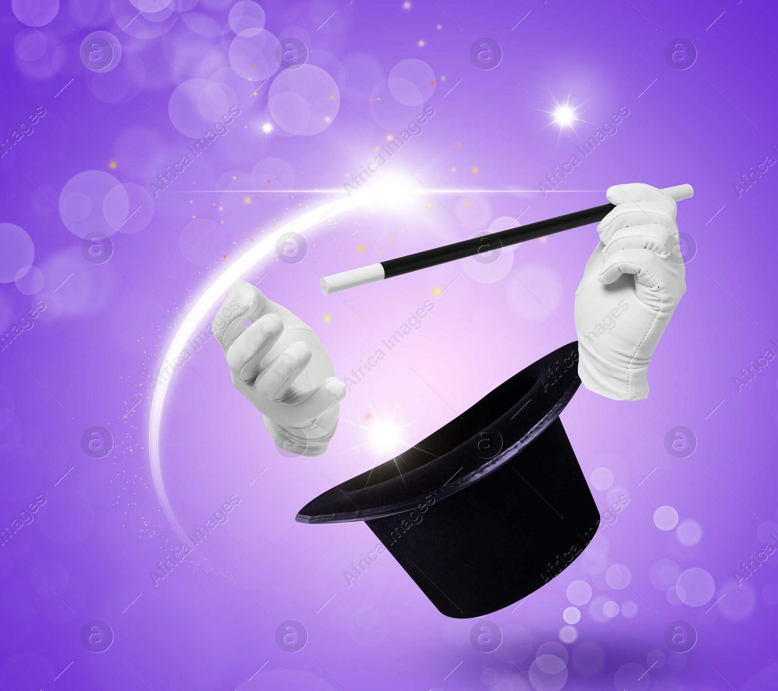 Image of Magician showing trick with magic wand and top hat on violet background