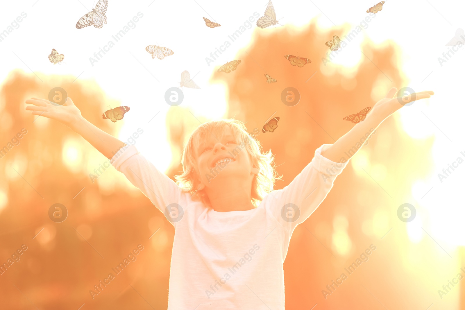 Image of Butterflies flying around happy child in nature at sunrise. Health, spring, freedom