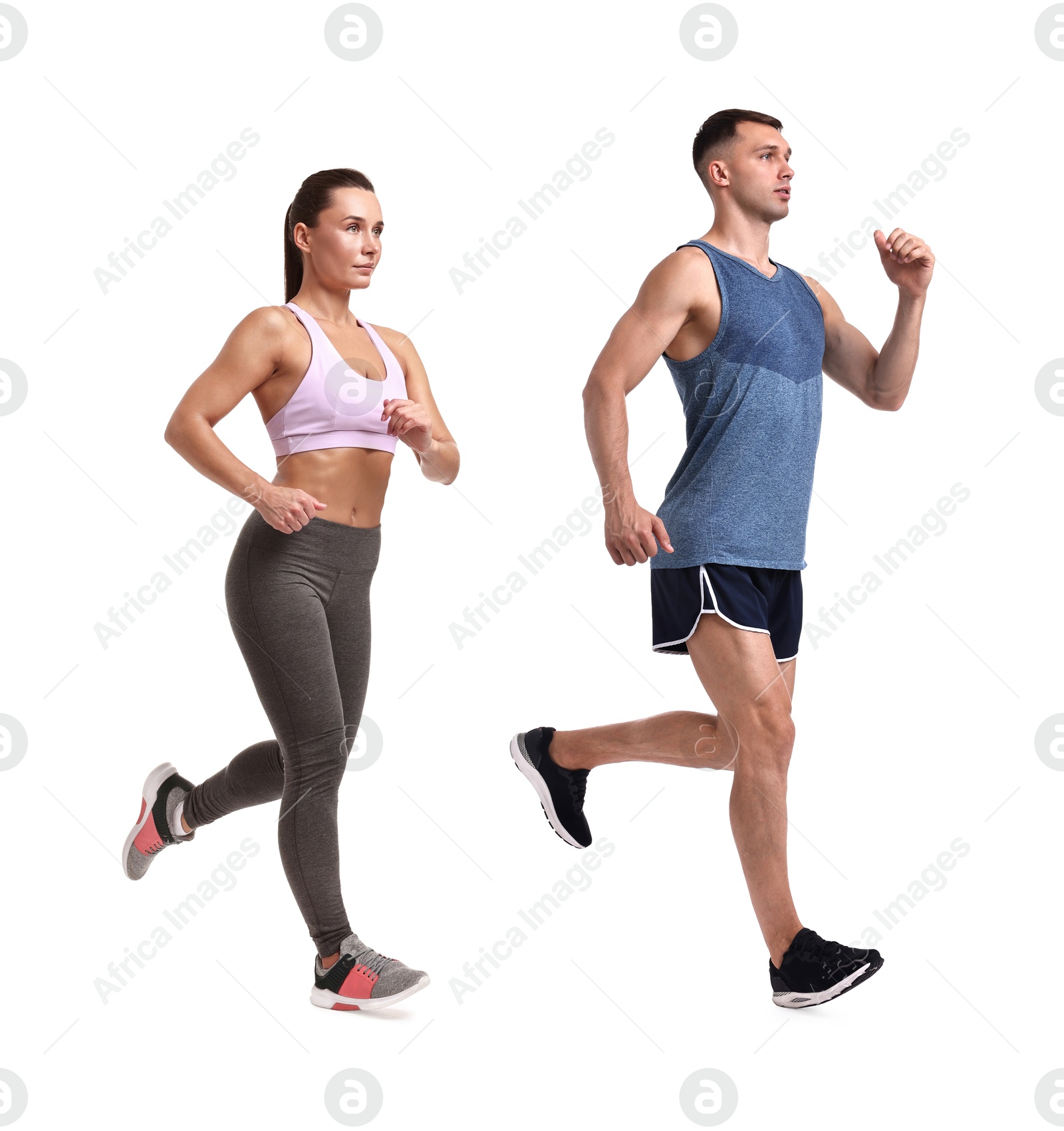 Image of Athletic man and woman in sportswear running on white background