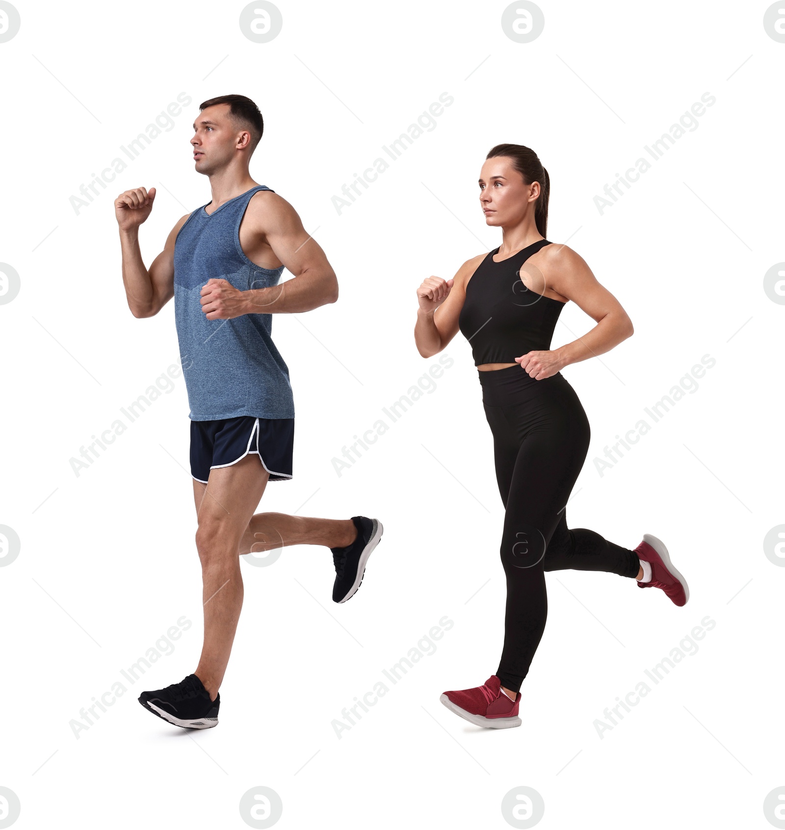 Image of Athletic man and woman in sportswear running on white background